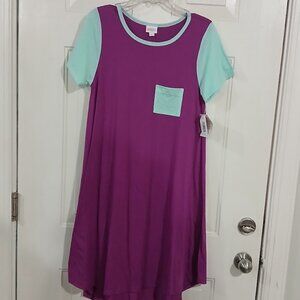 LulaRoe Carly Dress Purple blue Solid ringer Geometric Hi Lo Swing Sz Small